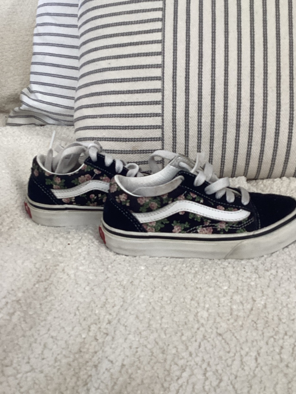 Vans Black Floral Low-Top Sneakers with White Stripe and Pink Flowers